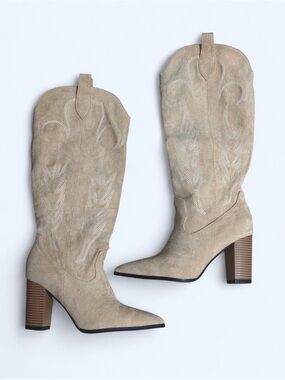 Women's Beige Suede Western Knee-High Boots